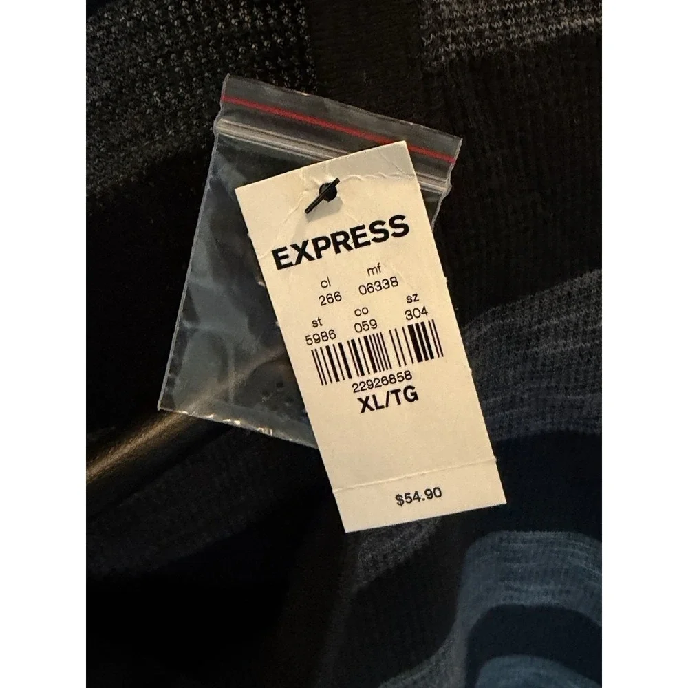 BRAND NEW- Express Waffle Knit Striped Henley Sweater Black Gray XL Long Sleeve‎